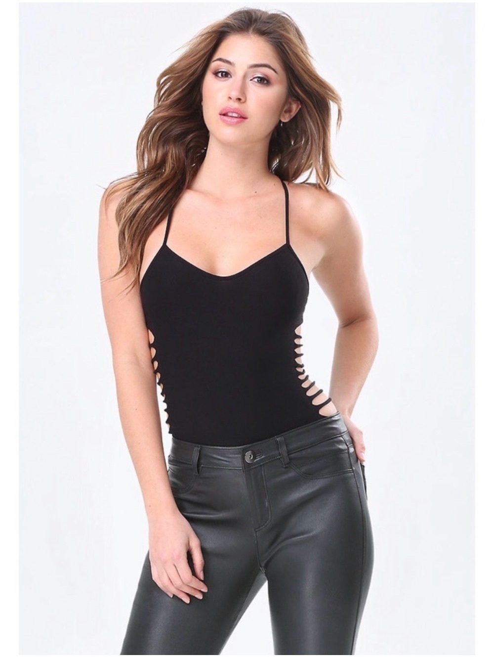 Bebe Serena Seamless Bodysuit NWT Plum Strappy Side Cutout M/L thong